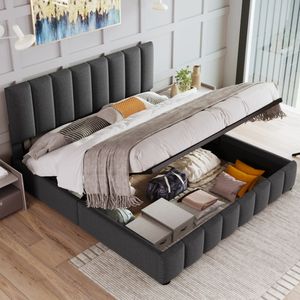 Merax Hydraulická postel Boxspring 140x200 cm se zásuvkou, výškově nastavitelným čelem a lamelovým roštem, čalouněná manželská postel s úložným prostorem v lněné barvě, šedá