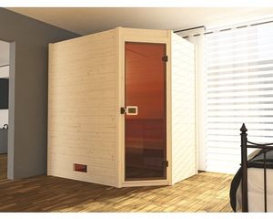 Massivholzsauna Weka Valida Eck GT Gr.1 inkl. 5,4 kW Ofen u.integr.Steuerung mit Ganzglastüre aus Klarglas Massivholzsauna Weka Valida Eck GT Gr.1 inkl. 5,4 kW Ofen u.integr.Steuerung mit Ganzglastüre aus Klarglas