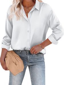 Damen Blusen Satin Tshirts Reverskragen Sommer Shirts Lässige Bluse Button Down Hemden Weiß,Größe M
