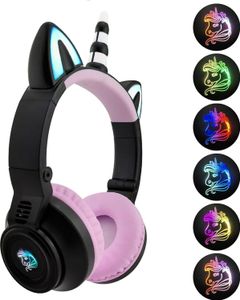 Einhorn Kopfhörer Bluetooth, Kinderkopfhörer mit Bunte Lichter, Mikrofon und SD-Kartensteckplatz für Mädchen ab 3 Jahre. (Einhorn Schwarz)