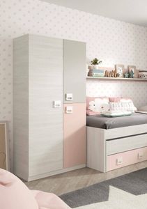 Garderobe Dgorett, Kleiderschrank im Schlafzimmer, Schrank mit 3 Türen und 3 Einlegeböden mit Kleiderstange, 90x52h200 cm, Grau und Rosa