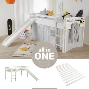 Homestyle4u 2254, Detská podkrovná posteľ 90x200 cm s lamelovým rámom, posuvný rebrík, poschodová posteľ na hranie Biela borovica