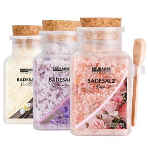 BRUBAKER Badesalz Set 3 x 400 g - Rose, Vanille und Lavendel Duft - Badezusatz mit natürlichen Extrakten - Wellness Baden für Entspannung, Erholung