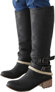 ASKSA Damen Stiefeletten Overknees Stiefel mit Absatz Plateau Elegant Lange Cowboystiefel, Schwarz, Größe: 42