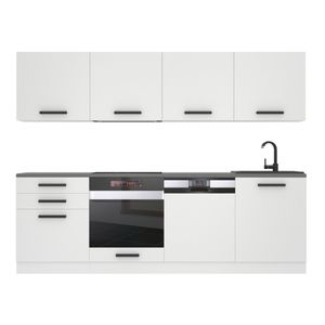 Belini Küchenzeile Küchenblock Alice - Küchenmöbel 240 cm Einbauküche Vollausstattung ohne Elektrogeräten mit Hängeschränke und Unterschränke, ohne Arbeitsplatten, Weiß matt