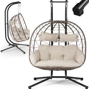 Juskys Doppelhängesessel Aria - Polyrattan Hängesessel mit Gestell & Kissen - Beige