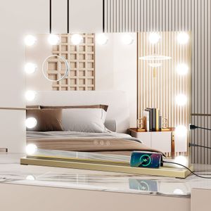 Puluomis Kosmetikspiegel Hollywood 58x45cm Schminkspiegel mit Beleuchtung, 15 LED 3 Farben Dimmbar mit USB,10x Vergrößen, Spiegel Wandspiegel golden