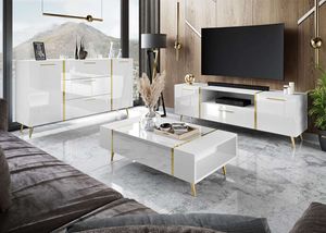 ONYX Wohnzimmerset auf goldenen Beinen Weiß/ Weiß hochglanz mit Griffen