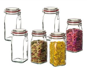 6er Set Vorratsgläser 1,1L - Einmachgläser mit Deckel & Bügelverschluss - Drahtbügelgläser eckig : 1,5 L : 6 Stück