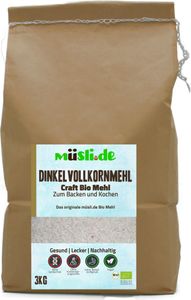 Biologisches Dinkelvollkornmehl von müsli.de (1x3kg), zum Backen (z.B. Brot, Brötchen, Gebäck und Kuchen) und Kochen geeignet.