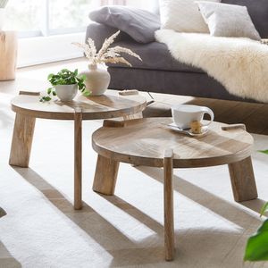 FineBuy Couchtisch Set Rund Holz Massiv Wohnzimmertisch 2 teilig Beistelltisch