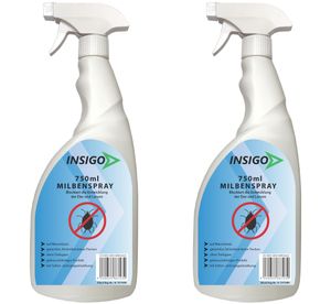 INSIGO 2x750ml Anti-Milbenspray, Mittel gegen Milben Milbenbefall  Milbenfrei Schutz gegen Eier auf Wasserbasis, fleckenfrei, geruchlos, mit Schnell- & Langzeitwirkung frei EX