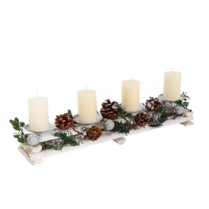Adventsgesteck MCW-M12 mit Kerzenhaltern, Adventskranz Weihnachtsdeko Holz silber weiß 18x49x13cm  mit Kerzen