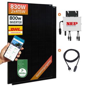 NuaSol Balkonkraftwerk 830W Solarmodul (2x415W) 800W Wechselrichter All Black Photovoltaik Solaranlage Steckfertig WIFI Smart Plug & Play