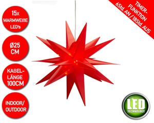 3D Leuchtstern inkl. warm-weißer LED Beleuchtung | Weihnachtsstern Advent Stern Deko beleuchtet | für Innen und Außen geeignet | mit Timerfunktion | 15 LEDs | Rot | Ø25cm