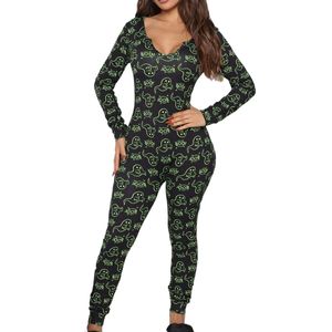 Damen Overalls Langarm Kürbisdruck Jumpsuit Strampler V-Ausschnitt Ein Stück Pyjama Schwarz Grün,Größe:XL