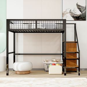 Flieks Etagenbett 90×200cm mit Treppe und Kleiderschrank, Hochbett Jugendbett mit Lattenrost, Kinderbett mit Rausfallschutz, Einzelbett Metallbett, Schwarz