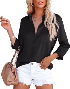 ASKSA Damen Satin Bluse Elegant V-Ausschnitt Hemden Knöpfen Casual Arbeit Oberteile, Schwarz, L