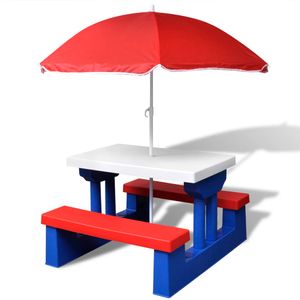 Prolenta Premium  Kinder-Picknicktisch mit Bänken Sonnenschirm Mehrfarbig