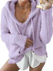 Damen Fuzzy Casual Sweatshirt Langarm Plüsch Kapuze Pullover Tops Fleece Pullover Pullover,Farbe: Lila,Größe:3XL