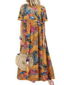 Damen Kurzarm Floral Maxi Kleid Lose Vintage Urlaub Strandkleider,Farbe: Gelb,Größe:M