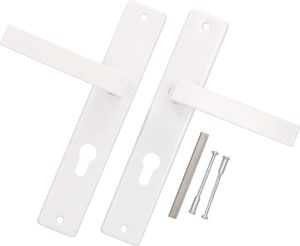 Zestaw klamek dzwigniowych KOTARBAU® PZ 72 mm, plytka biala z trzpieniem kwadratowym i srubami montazowymi Zestaw klamek dzwigniowych KOTARBAU® PZ 72 mm, plytka biala z trzpieniem kwadratowym i srubami montazowymi