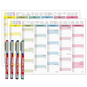 Abwischbarer Wandkalender 2025 A4 - "Bunt" Jahresplaner 2025 abwischbar, inkl. 4 Stifte. Tafelkalender 2025, Robuster Kalender A4