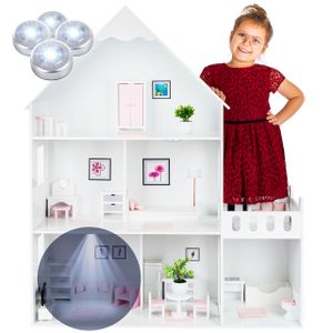 Kinderplay großes hölzernes Barbie Puppenhaus - Puppenhaus Holz version mit rosa Zubehör, 38 Zubehörteile enthalten, Barbiehaus aus Holz, modell GS0023B, LED-Licht