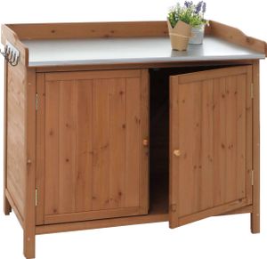 Szafka ogrodowa z blatem HWC-L69, stół do sadzenia roślin, drewno jodłowe z certyfikatem 86x104x52cm ~ brązowy Szafka ogrodowa z blatem HWC-L69, stół do sadzenia roślin, drewno jodłowe z certyfikatem 86x104x52cm ~ brązowy