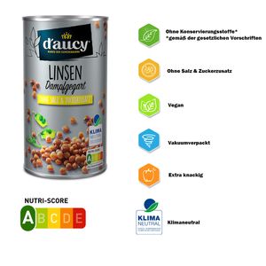 d'aucy Linsen - 100% ohne Salz und Zuckerzusatz, ohne Konservierungsstoffe, klimaneutral, 285 Gramm Dose, Inhalt:1 Dose