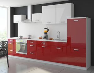 Küche Color 340 cm Küchenzeile Küchenblock Einbauküche in Hochglanz Rot / Weiss