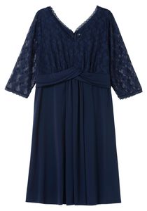 sheego Damen Große Größen Abendkleid mit floraler Spitze und Zier-Knotendetail Abendkleid Abendmode elegant V-Ausschnitt Spitze unifarben