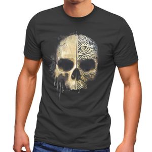 Herren T-Shirt Bedruckt Totenkopf Totenschädel Skull Tattoo Tribal Print Aufdruck Fashion Streetstyle Neverless® dunkelgrau M