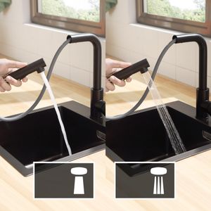 Ausziehbar Küche Wasserhahn Mischbatterie, Küchenarmatur mit Brause Zwei Wasserstrahlarten, geeignet nicht Untertischgerät, Schwarz