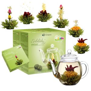 Creano Teeblumen Mix - Geschenkset Erblühtee mit Glaskanne Grüner Tee fruchtig aromatisiert (Teerosen in 6 Sorten), Blooming Tea, Tee Geschenk für Frauen, Mutter, Teeliebhaber