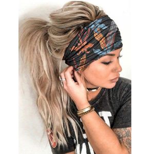 Damen Stirnband Haarband elastisch breit Stretch Sport Yoga Festival Sommer - Design: Blätter auf Schwarz