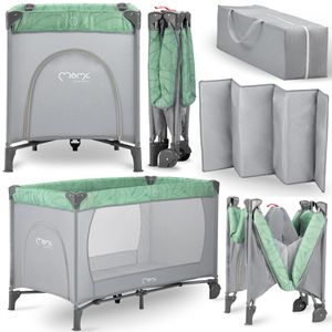 MoMi BELOVE Kinderreisebett - Tasche, 2 Räder, Schnelles Auf- und Abklappen, Luftiges Material - Grau-grün