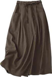 Damen-Sommer-Maxirock aus Leinen, Baumwolle, elastisch, hohe Taille, lässiger Vintage-Midirock mit Tasche
