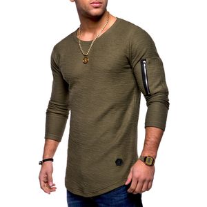 Herren Einfarbig Rundhalsausschnitt Langarm T-Shirt Ärmel Reißverschluss Pullover Bluse,Farbe: Armeegrün,Größe:XXL