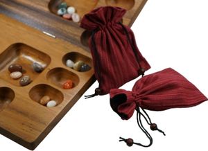 Kalaha Spiel für 2–4 Spieler – Edelsteinspiel aus Holz mit Stoffbeuteln