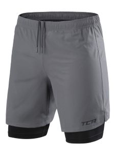 TCA Ultra Laufhose Herren 2 in 1 Kurze Sporthose Trainingsshorts Laufshorts mit integrierter Kompressionshose und Reißverschlussfach - Grau (Reißverschlusstasche), L