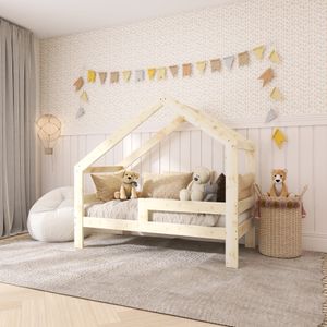 Hausbett Kinderbett mit Rausfallschutz Lattenrost - NeedSleep® Kinder Bett Montessori Holzhaus, Asymmetrisch 70x140