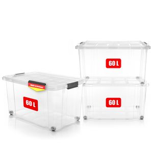 3x 60 L Aufbewahrungsbox mit Deckel groß rollbar transparent - stabile & robuste Box