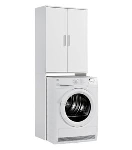 mokebo® Waschmaschinenschrank für Waschmaschinen & Trockner 'Der Saubermann', Überbau oder Überbauschrank mit Türen in Weiß aus Holz, auch als Toilettenregal oder WC-Regal in 65x180x34cm (B/H/T)