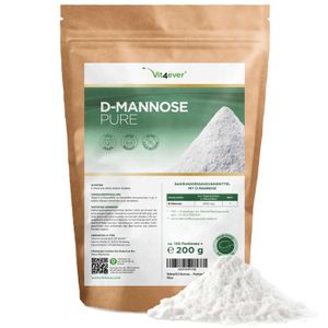 Vit4ever® D-Mannose Pulver - 200 g - 100 Tagesportionen mit 2 g (3,3 Monate Vorrat) - Rein & ohne Zusätze - Hochdosiert & Natürlich - Naturbelassen - Vegan - Mannose