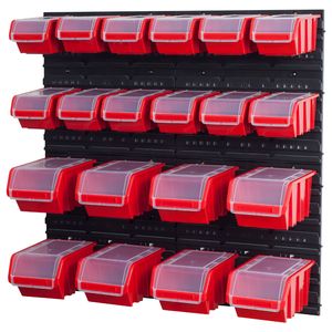 Sada stohovacích boxov 4 x nástenný policový úložný systém + 20 boxov červená