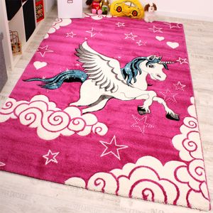 Kinderzimmer Teppich für Kinder Das Kleine Einhorn Pink Creme Türkis, Grösse:80x150 cm