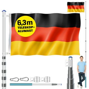 MONZANA® Fahnenmast Aluminium Teleskop 630cm Bodenhülse 60cm inkl. Deutschlandfahne Flaggenmast Mast Flagge Alu