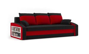 Couch HEWLET 220x90 mit REGAL LINKS und Schlaffunktion - Schlafcouch mit Bettkasten - STOFF HAITI 17 + HAITI 18 Schwarz&Rot