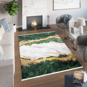 Koberec do obývačky s krátkym vlasom moderný dizajn strapce zeleno šedý zlatý ÖKOTEX 140 x 200 cm